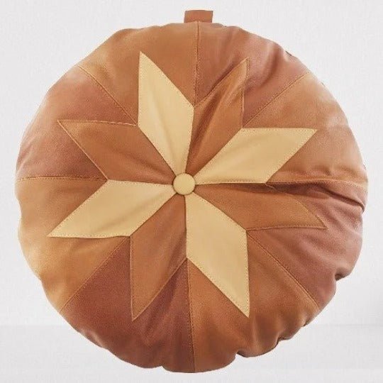 Noora Lambskin TAN Leather ROUND Handmade Cushion Cover, COLOURBLOCK Cushion Cover | Circle Art Deco Leather Pillow | Dorm Decor Throw Cover | RTS47 - Noora International