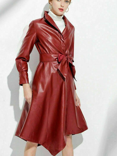 NOORA Leather Jacket Trench Coat Stand Collar Slim FIT RED TRENCH COAT Windbreak