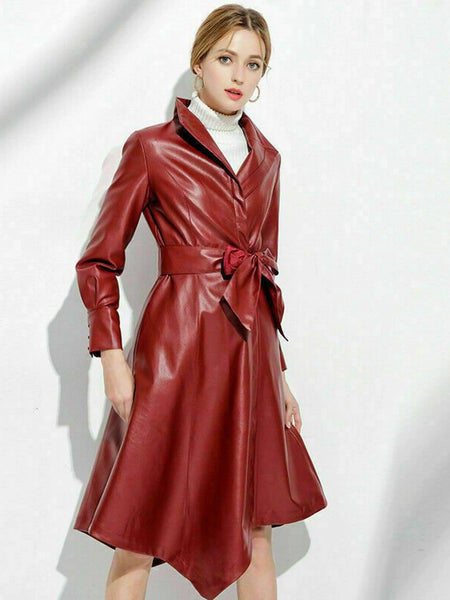 Noora Red Lambskin Leather Trench Coat  Slim Fit Red Trench Long Coat With Stand Collar, Christmas Gift — standardized hero