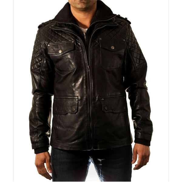 Noora Men Biker Black Leather Jacket Black Double Layered Collar & Zip Real Leather QD41 - Noora International