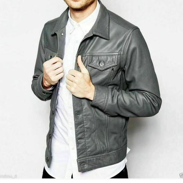 NOORA Men Grey Lambskin Leather Jacket Stylish Grey Outwear Leather Coat QD1 - Noora International