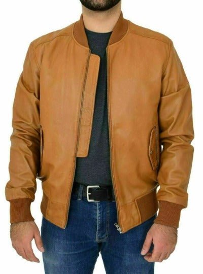 Noora Men TAN Leather Jacket, BOMBER Style Biker Leather Jacket, Slim Fit Movie Leather Jacket, CASUAL Leather Jacket - Noora International
