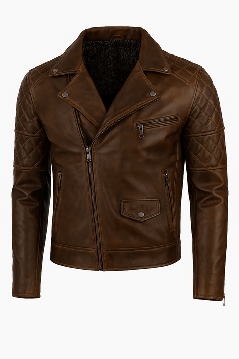Men’s Antique Brown Lambskin Leather Biker Jacket, Quilted Slim Fit Motorcycle Jacket