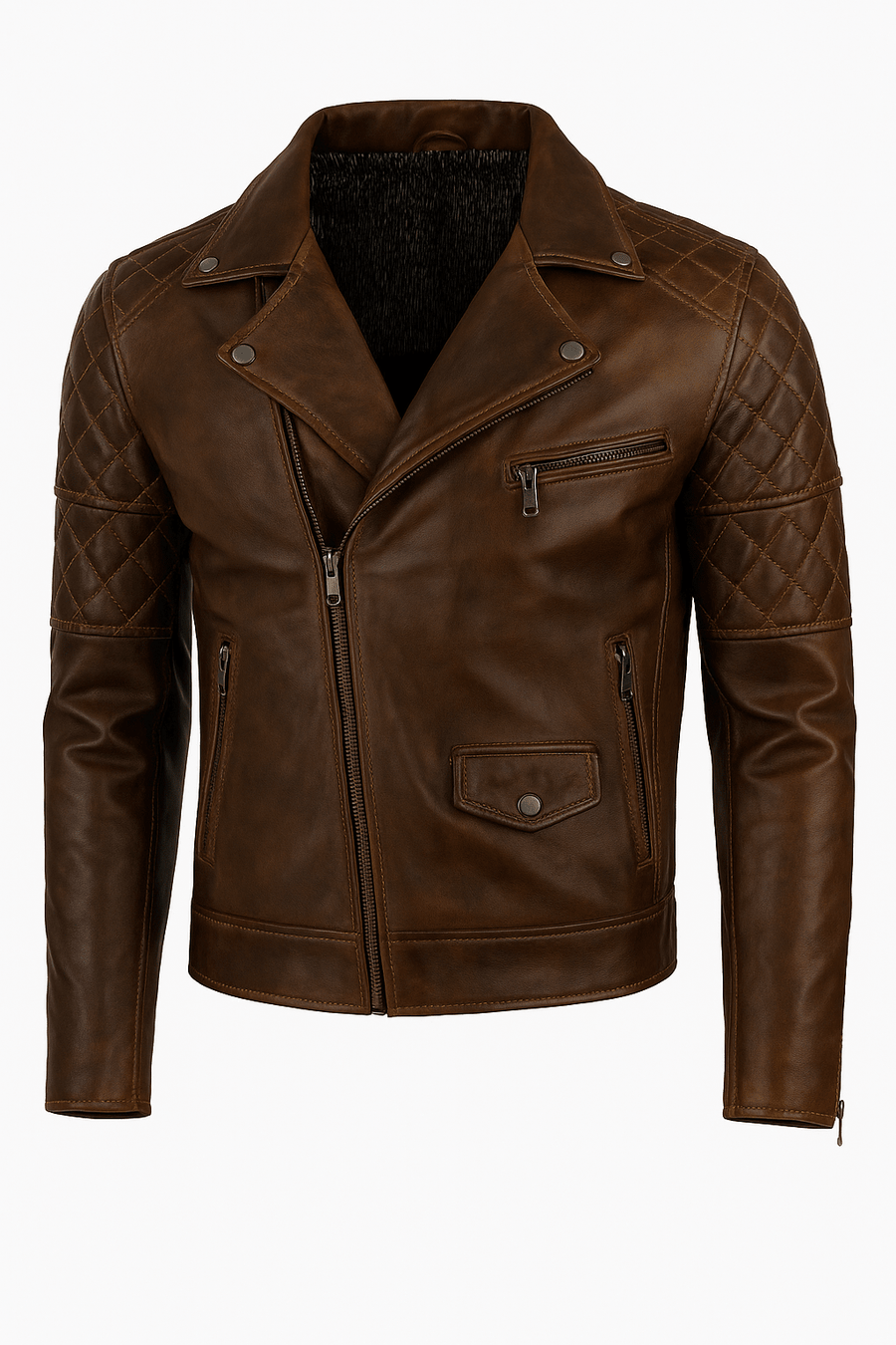 Men’s Antique Brown Lambskin Leather Biker Jacket, Quilted Slim Fit Motorcycle Jacket