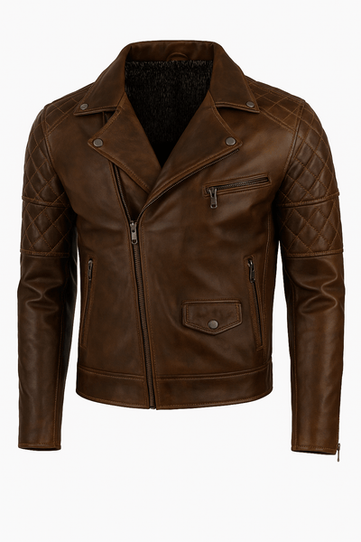 Noora Men’s Antique Brown Lambskin Leather Biker Jacket | Handmade Quilted Slim Fit Motorcycle Jacket – SU01 - Noora International
