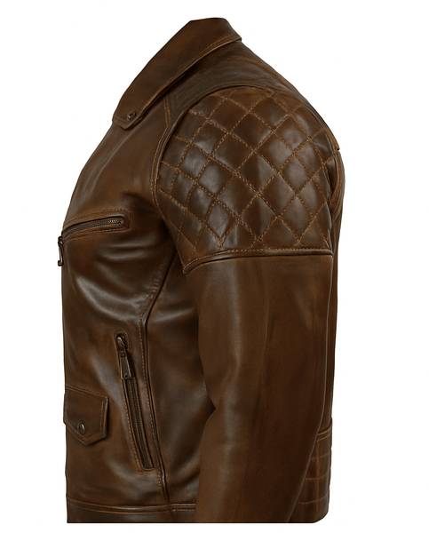 Noora Men’s Antique Brown Lambskin Leather Biker Jacket | Handmade Quilted Slim Fit Motorcycle Jacket – SU01 - Noora International