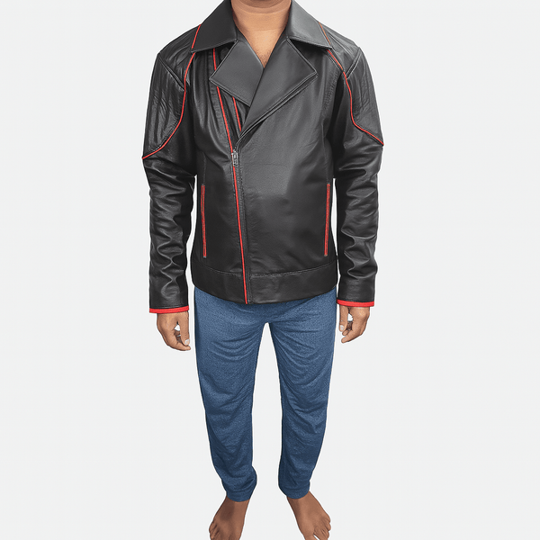 Noora Men’s Black Leather Biker Jacket with Red Piping detail, Handcrafted Real Lambskin Moto Leather Jacket - Noora International