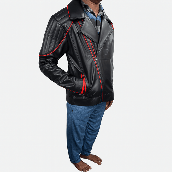 Noora Men’s Black Leather Biker Jacket with Red Piping detail, Handcrafted Real Lambskin Moto Leather Jacket - Noora International