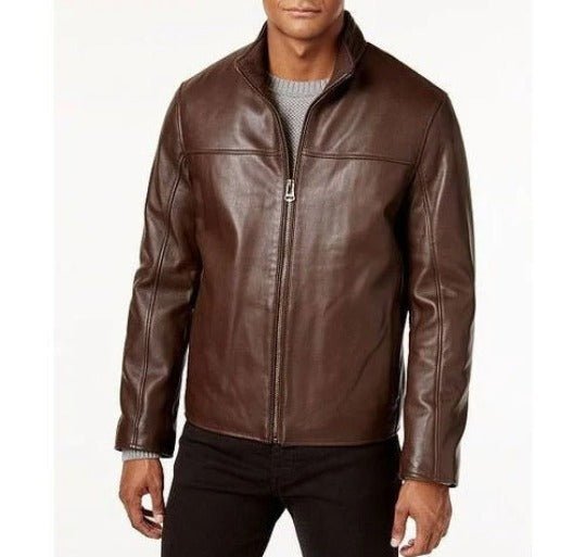 Noora Men's Brown Lambskin Leather Jacket, Motorcycle Café Racer Leather Jacket, Solid Casual Biker Real Leather Jacket - Noora International