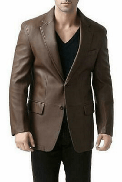 Noora Mens Dark Brown Formal Leather Blazer With Two Button | Designer Brown Meeting Wear Leather Blazer SU086 - Noora International