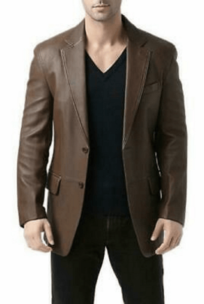 Noora Mens Dark Brown Formal Leather Blazer With Two Button | Designer Brown Meeting Wear Leather Blazer SU086 - Noora International