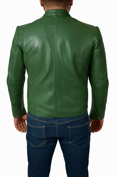 Noora Men’s Genuine Green Biker Leather Jacket – Casual Style with Zipper & Pockets - Noora International