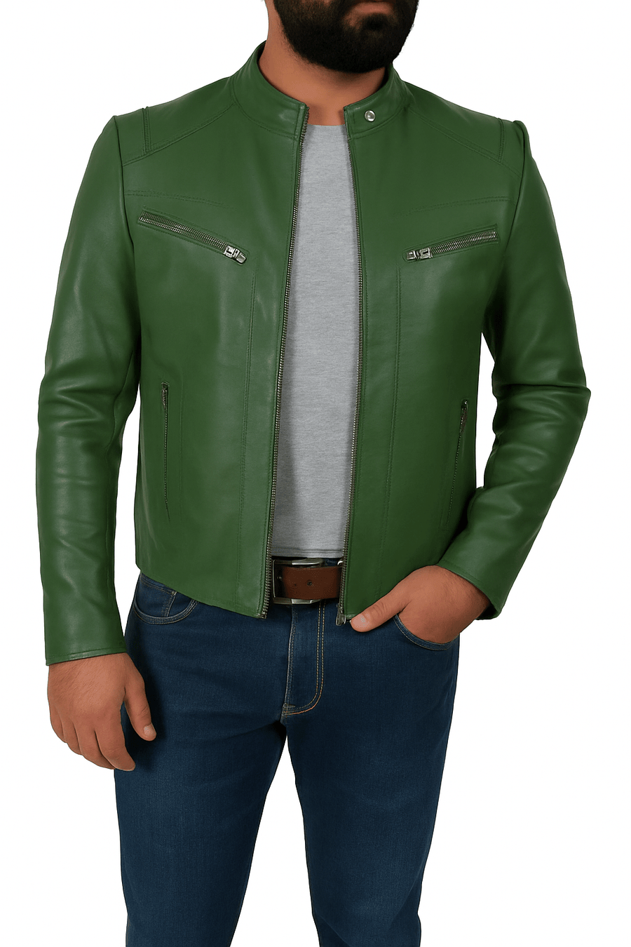Men’s Real Green Biker Leather Jacket – Casual Style with Zipper & Pockets – view 3