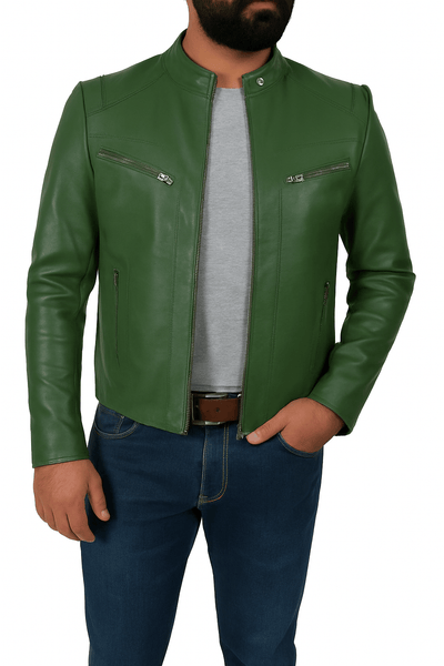 Noora Men’s Genuine Green Biker Leather Jacket – Casual Style with Zipper & Pockets - Noora International