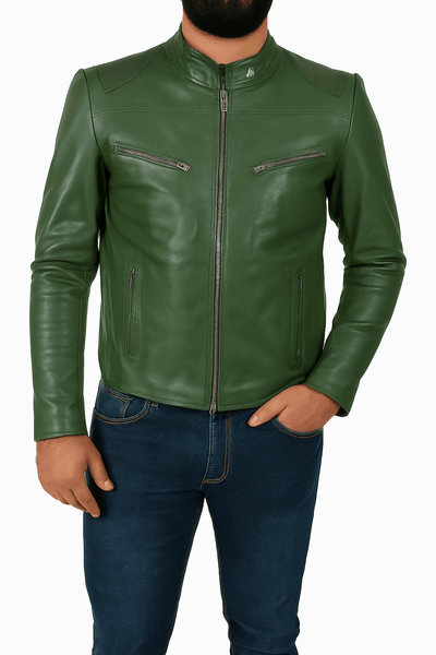 Noora Men’s Genuine Green Biker Leather Jacket – Casual Style with Zipper & Pockets - Noora International