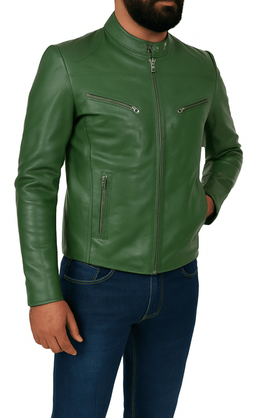 Noora Men’s Genuine Green Biker Leather Jacket – Casual Style with Zipper & Pockets - Noora International