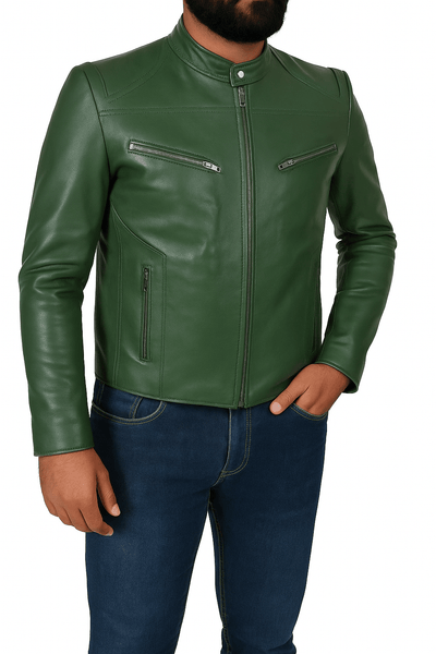 Noora Men’s Genuine Green Biker Leather Jacket – Casual Style with Zipper & Pockets - Noora International