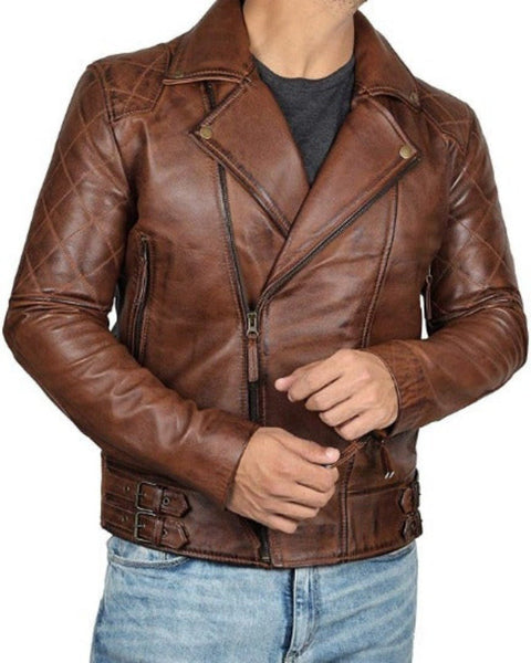 Noora Men's Lambskin Antique Brown Leather Biker Jacket, Stylish Quilted Slim fit Motorcycle Jacket - Noora International