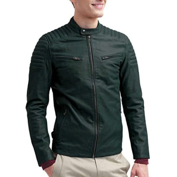 Noora Men's Lambskin Dark Green Leather Jacket| Motorcycle Quilted Designer Jacket |Best Gift For Him| RT38 - Noora International
