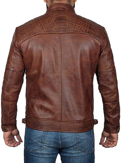 Noora Mens Lambskin Distress Brown Leather Jacket, Quilted Designer Motorcycle Jacket, Stylish Celebrity Wear Jacket - Noora International