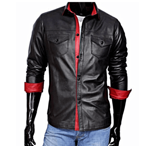 Noora Men's Lambskin Leather Black & Red Combination Leather Shirt | Black Leather Shirt | Color Block Leather Shirt SU0189 - Noora International