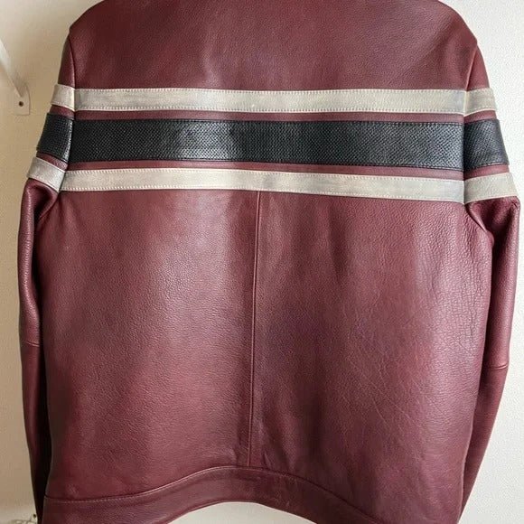 NOORA Men's Lambskin Leather Maroon Biker Jacket With Black Strips, Racer Jacket & Zipper Slim-Fit Casual Leather Jacket - Noora International