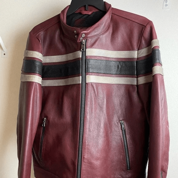 NOORA Men's Lambskin Leather Maroon Biker Jacket With Black Strips, Racer Jacket & Zipper Slim-Fit Casual Leather Jacket - Noora International
