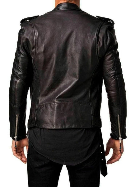 Noora Mens Real Lambskin Black Leather Biker Jacket, Motorcycle Leather Jacket with Belted - Noora International