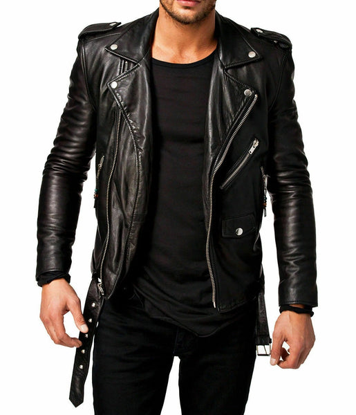 Noora Mens Real Lambskin Black Leather Biker Jacket, Motorcycle Leather Jacket with Belted - Noora International