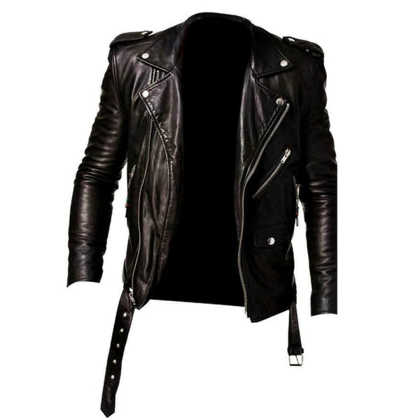 Noora Mens Real Lambskin Black Leather Biker Jacket, Motorcycle Leather Jacket with Belted - Noora International