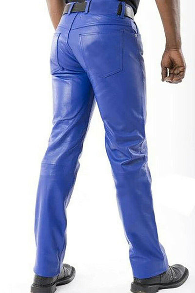 Noora Men's Real Sheep Leather Pants, Bikers Leather Pants, Slim Fit Pants, Nightclub Party & Dance Pants, Gift for Men - Blue - Noora International
