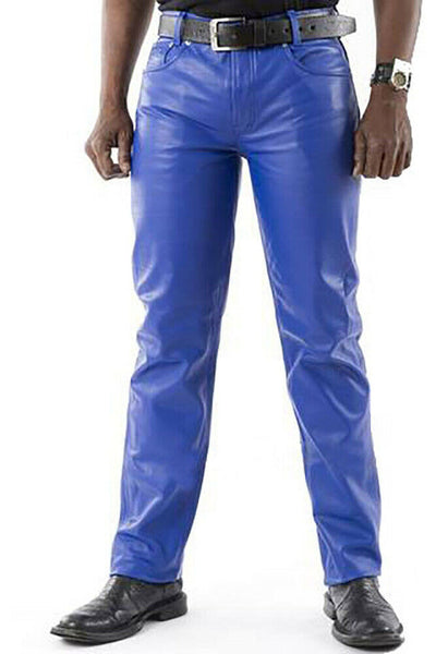 Noora Men's Real Sheep Leather Pants, Bikers Leather Pants, Slim Fit Pants, Nightclub Party & Dance Pants, Gift for Men - Blue - Noora International