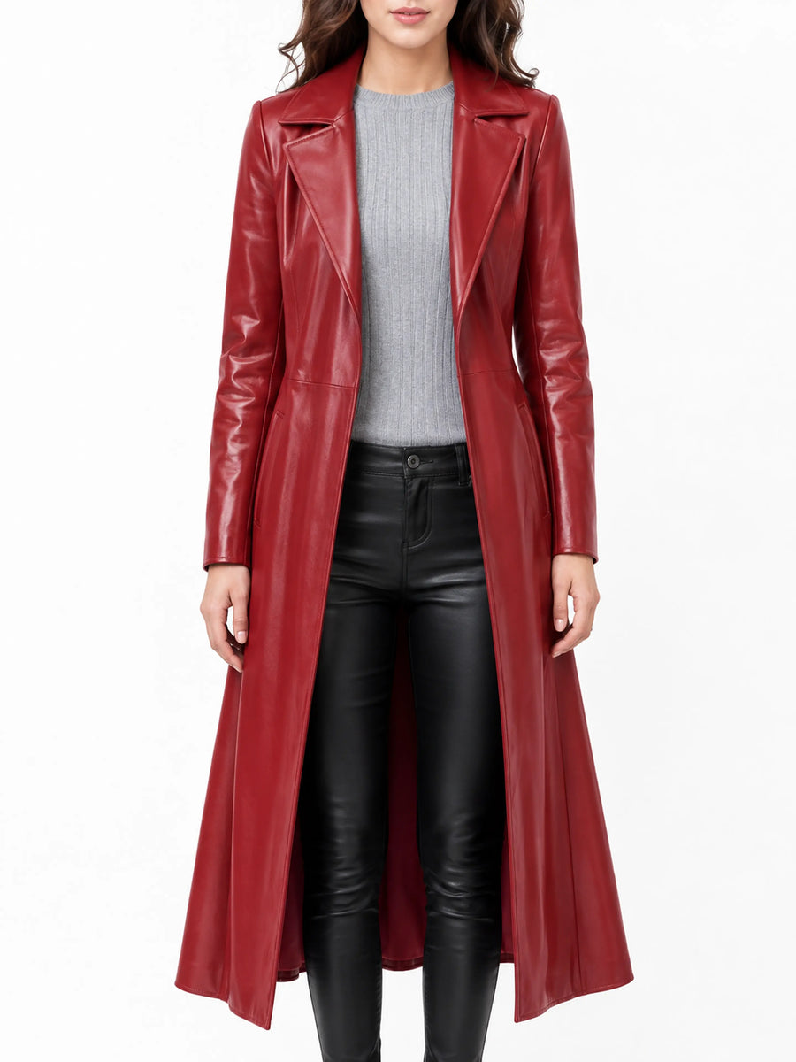 Midi Coat, Midi Coat Women, Leather Coat Women, Leather Trench Coat, Coat With Pockets, Red Leather