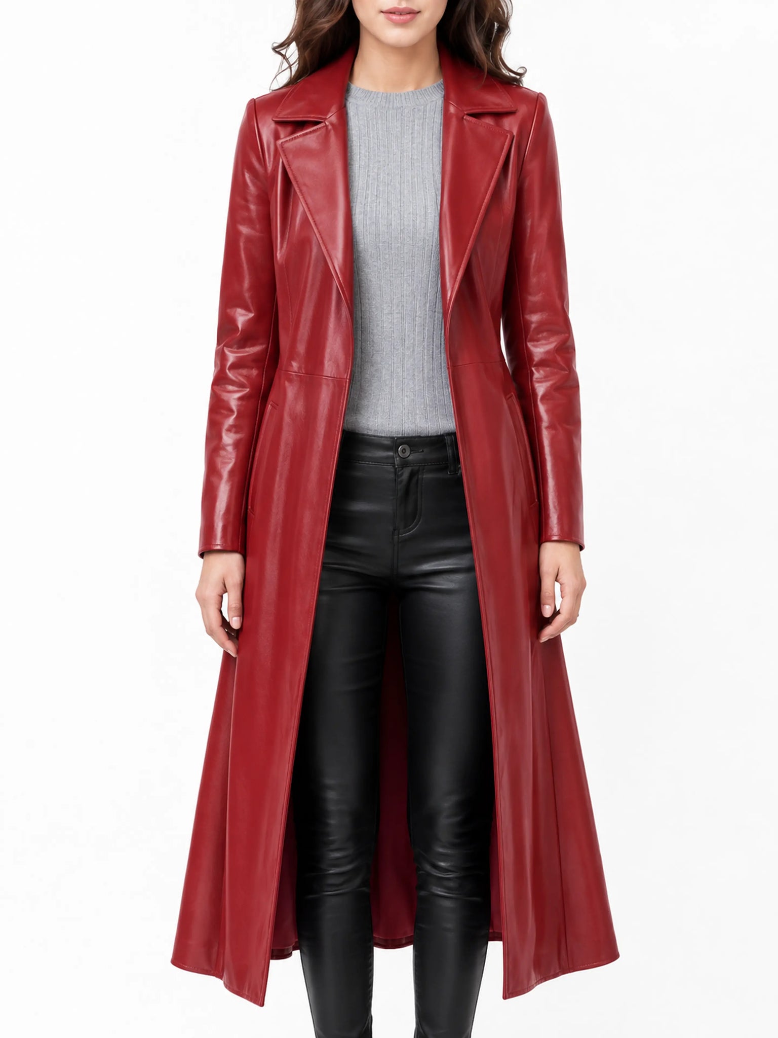 Women's Red Leather Trench Coat SJ535 | Noora International