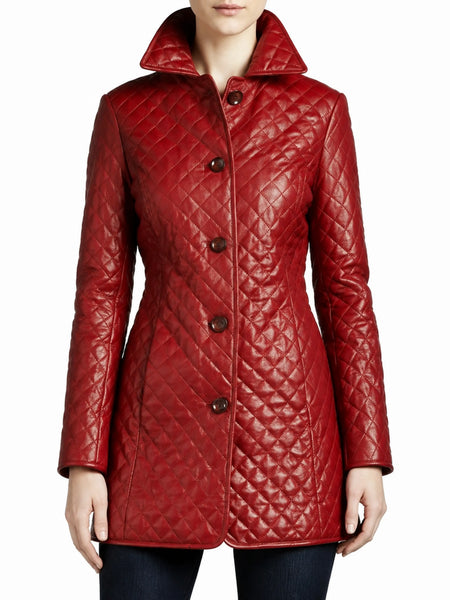 Noora Women Leather Midi TRENCH COAT, Red Full Quilted Coat Wit Pocket, DIAMOND Stitch Coat Red , Overcoat, RTS02 — standardized hero