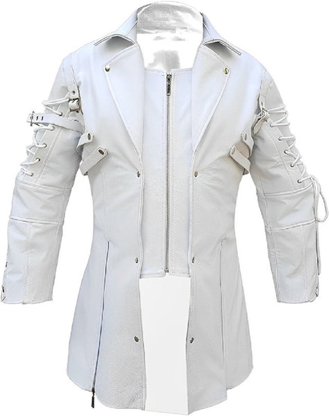 NOORA NEW Classic Men's Casual Overcoat Style with buttons And Zip White Real Leather Trench Coat Gift for him SB125 - Noora International