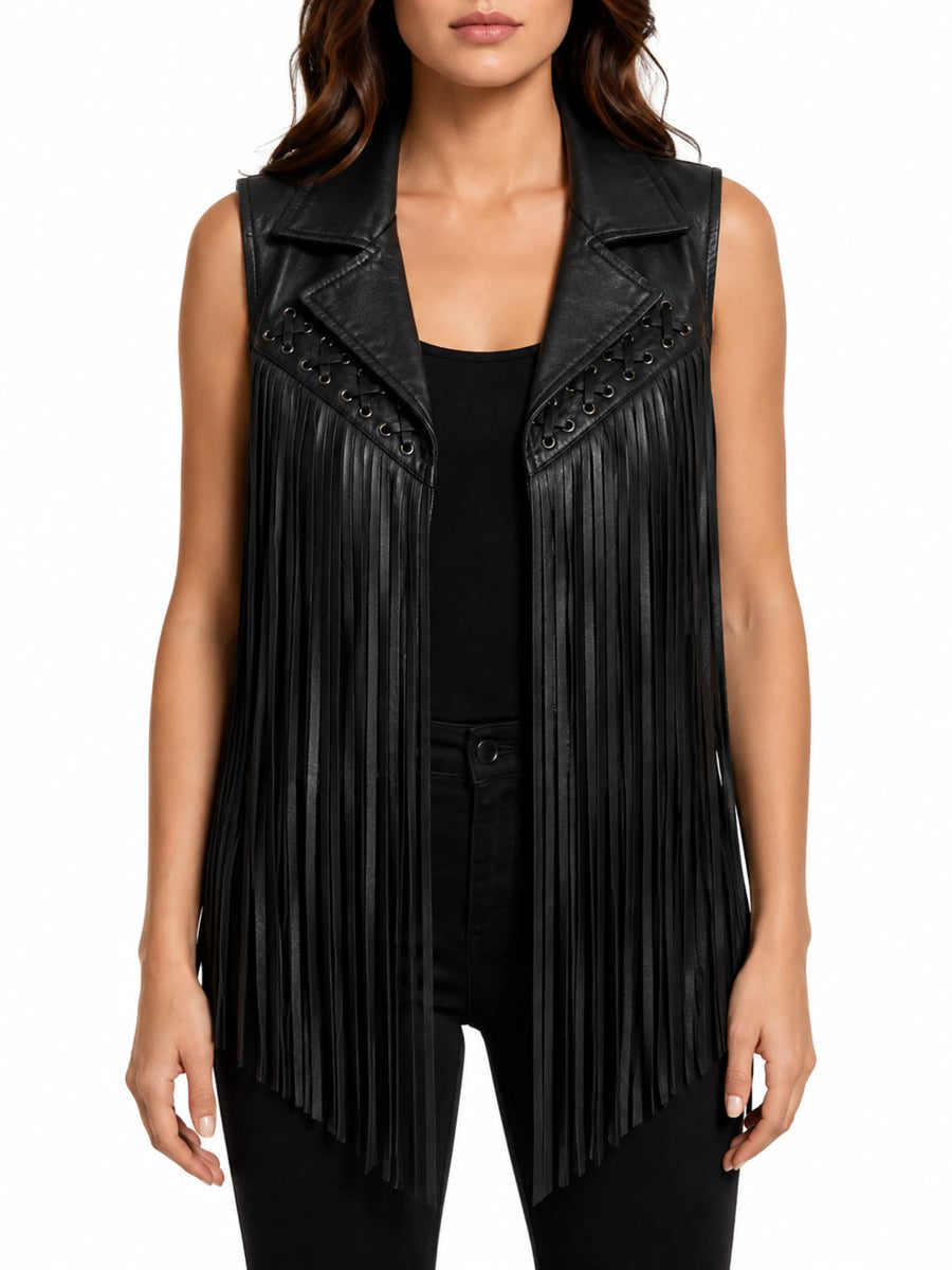 Gorgeous Women Black Leather Jacket Fringe Western Style Waist Coat