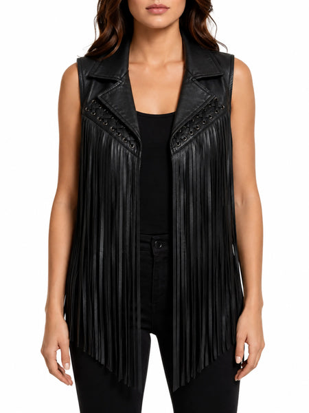 Noora NEW Gorgeous Women BLACK Leather Jacket Fringe Western Style Waist Coat — standardized studio hero
