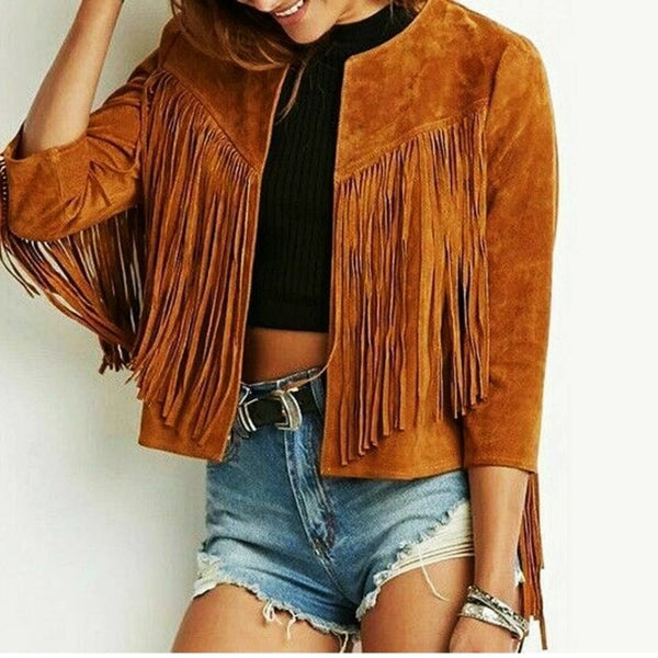 Noora NEW Gorgeous Womesn Brown Suede Leather Jacket Fringe Western Style Cowboy - Noora International