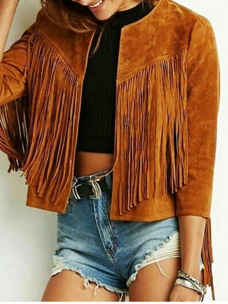 Noora NEW Gorgeous Womesn Brown Suede Leather Jacket Fringe Western Style Cowboy — standardized studio hero