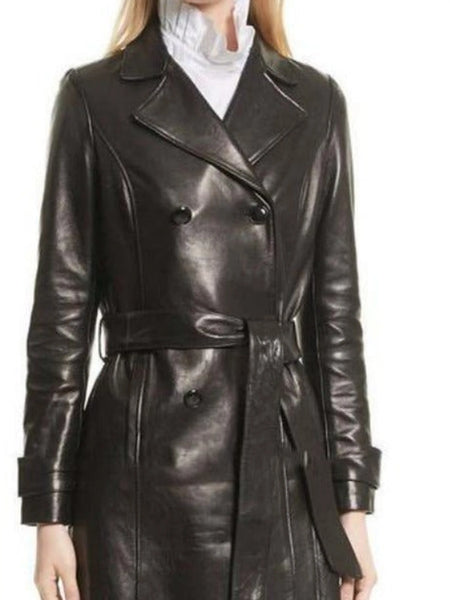 NOORA New Arrival Sexy Women Pure Leather Coat | Double Brested Coat With Tie Knot Belt | Full Sleeves - BS856 — standardized studio hero