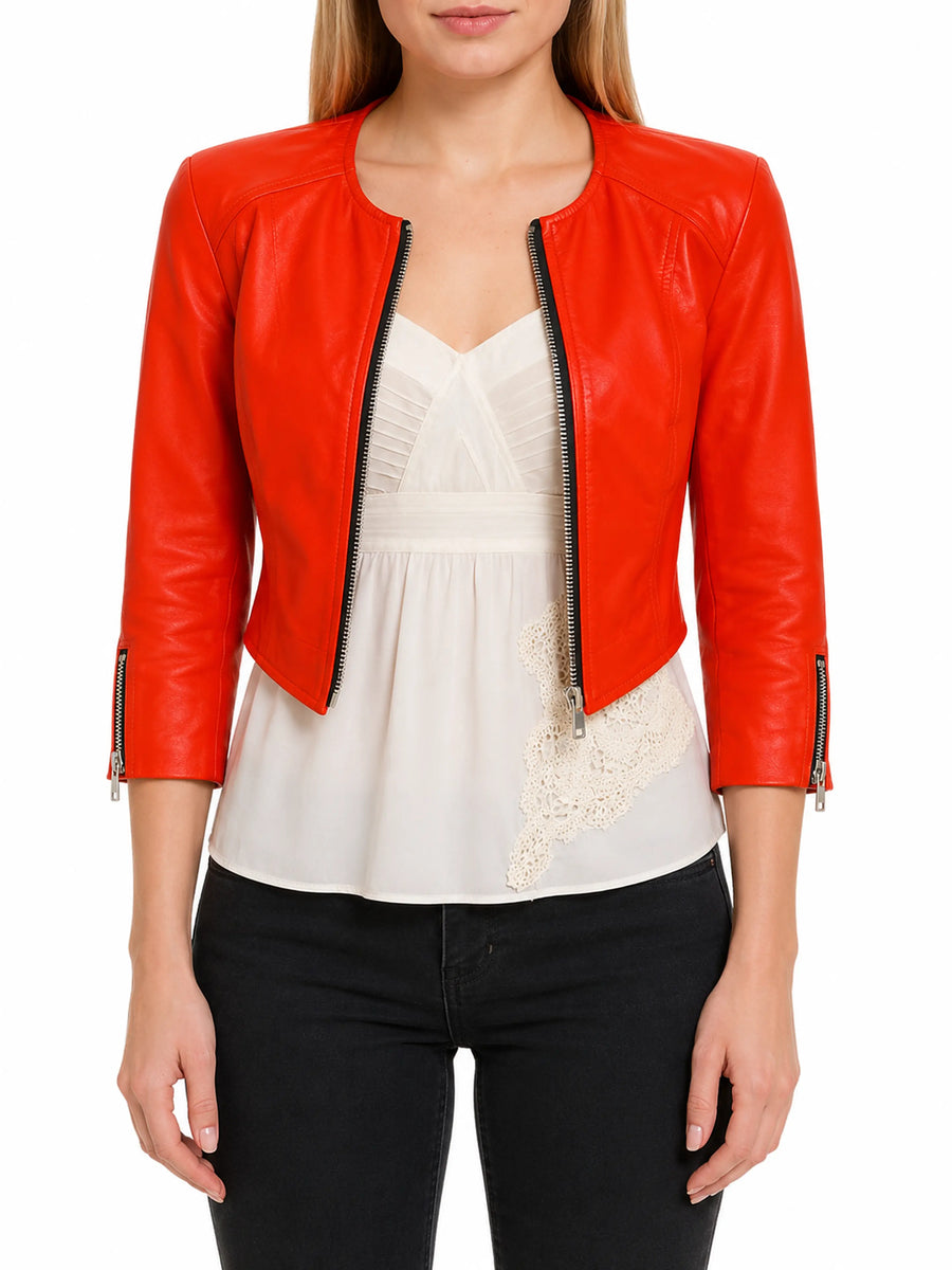 Ladies Dark Orange Lambskin Long Sleeve Jacket, Western Style Cropped Jacket: