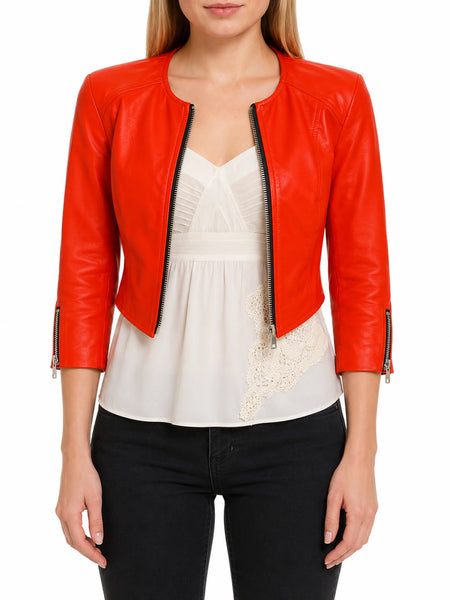 NOORA Ladies Dark Orange Lambskin Long Sleeve Jacket, Western Style Cropped Jacket: SK03