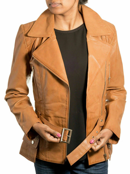 NOORA New Ladies Leather Jacket Classic Biker Style 100% REAL NAPA LEATHER WA218 — standardized studio hero