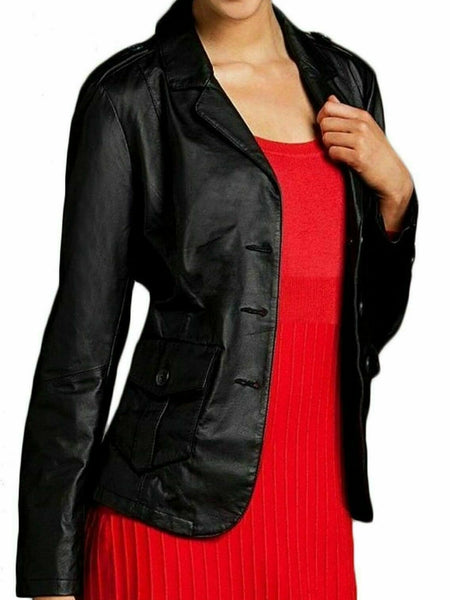 NOORA New Ladies Womens Lambskin Leather Blazer Jacket Stylish Button Coat QD219 — standardized studio hero
