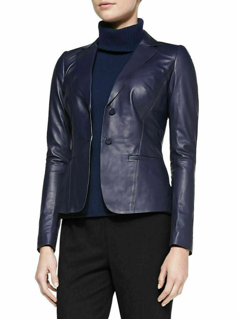 Ladies Womens Lambskin Leather Blazer Jacket Stylish Button Coat