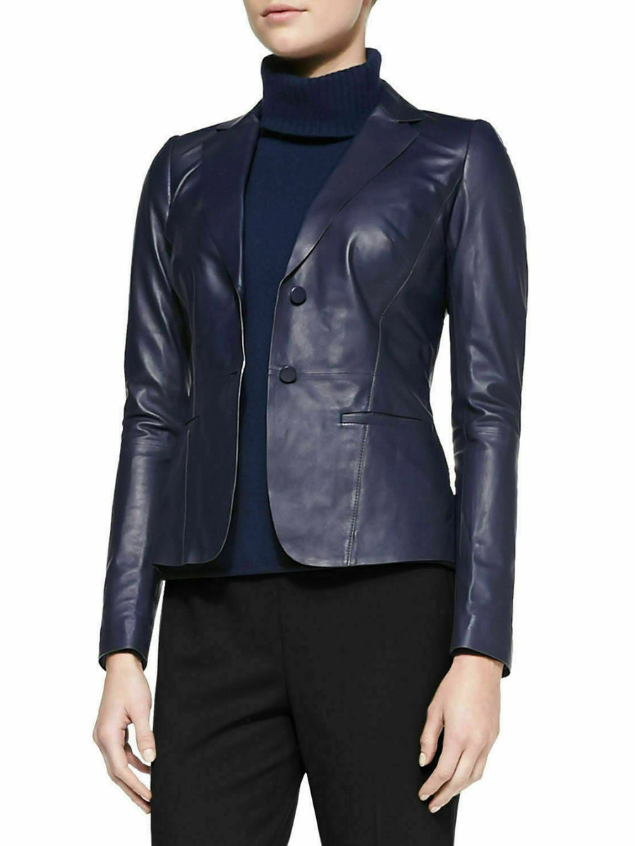 Ladies Womens Lambskin Leather Blazer Jacket Stylish Button Coat