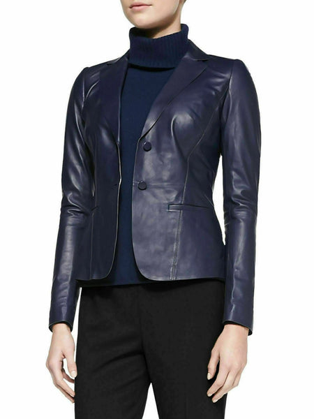 NOORA New Ladies Womens Lambskin Leather Blazer Jacket Stylish Button Coat QD222 — standardized studio hero