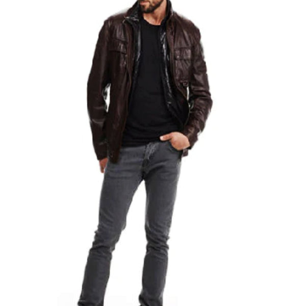 Noora New Lambskin Men Chocolate Brown Leather Jacket With Belted Collared Jacket & Pockets YK093 - Noora International