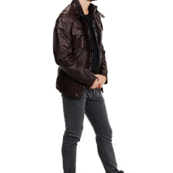 Noora New Lambskin Men Chocolate Brown Leather Jacket With Belted Collared Jacket & Pockets YK093 - Noora International